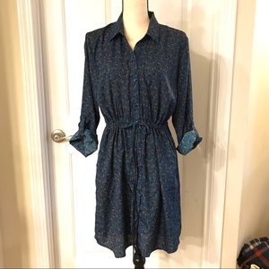 Loft button front shirt dress cinch waist teal